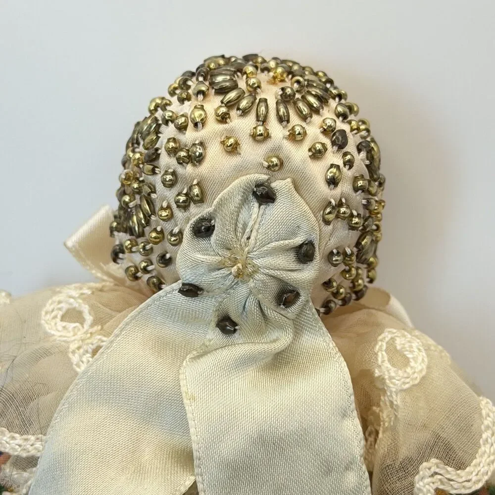 Vintage Bebe Breton French Celluloid Doll Green Velvet Dress Beaded Bonnet Lace